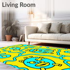 Whimsical Yellow Turquoise Cartoon Characters Rug
