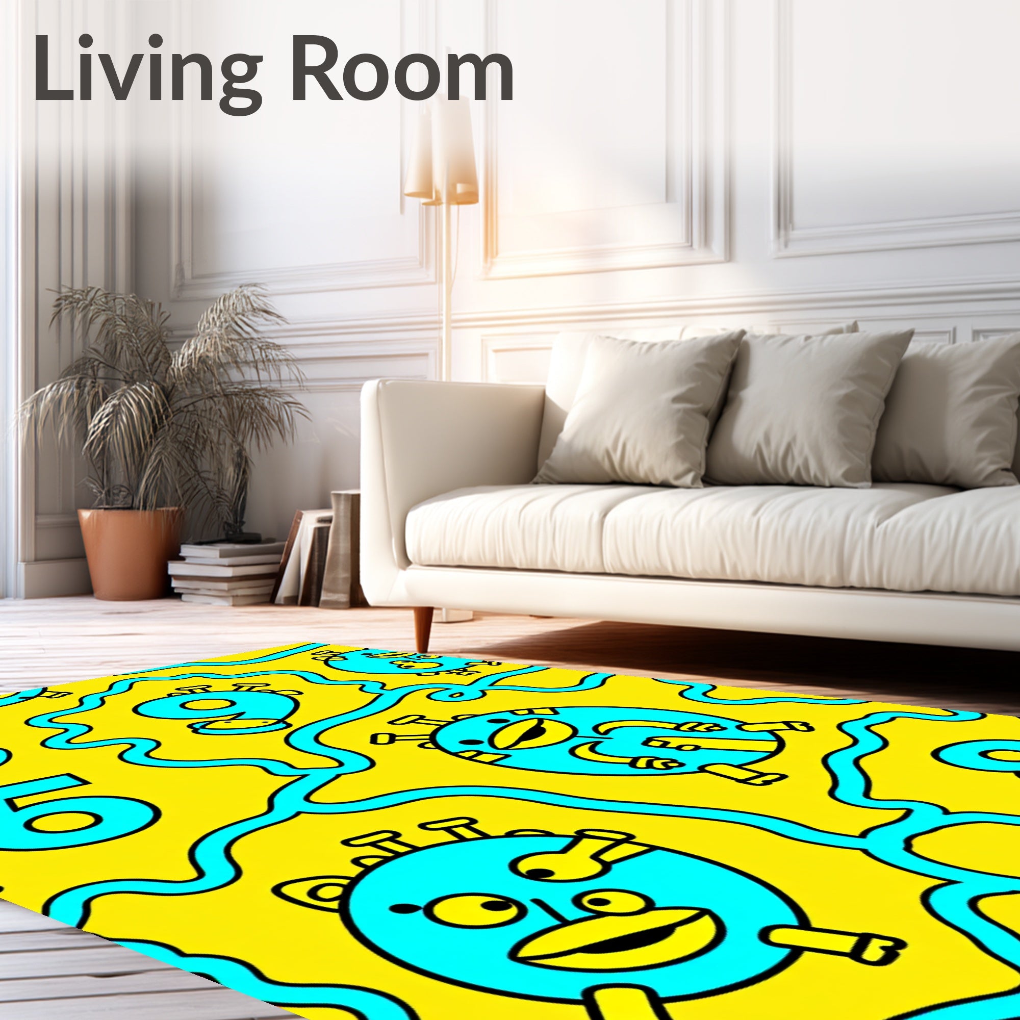 Whimsical Yellow Turquoise Cartoon Characters Rug
