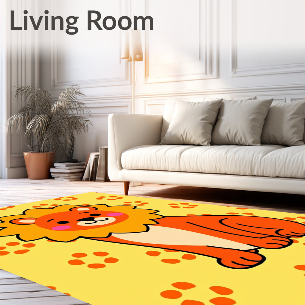 Cute Orange Lion Yellow Floral Rug