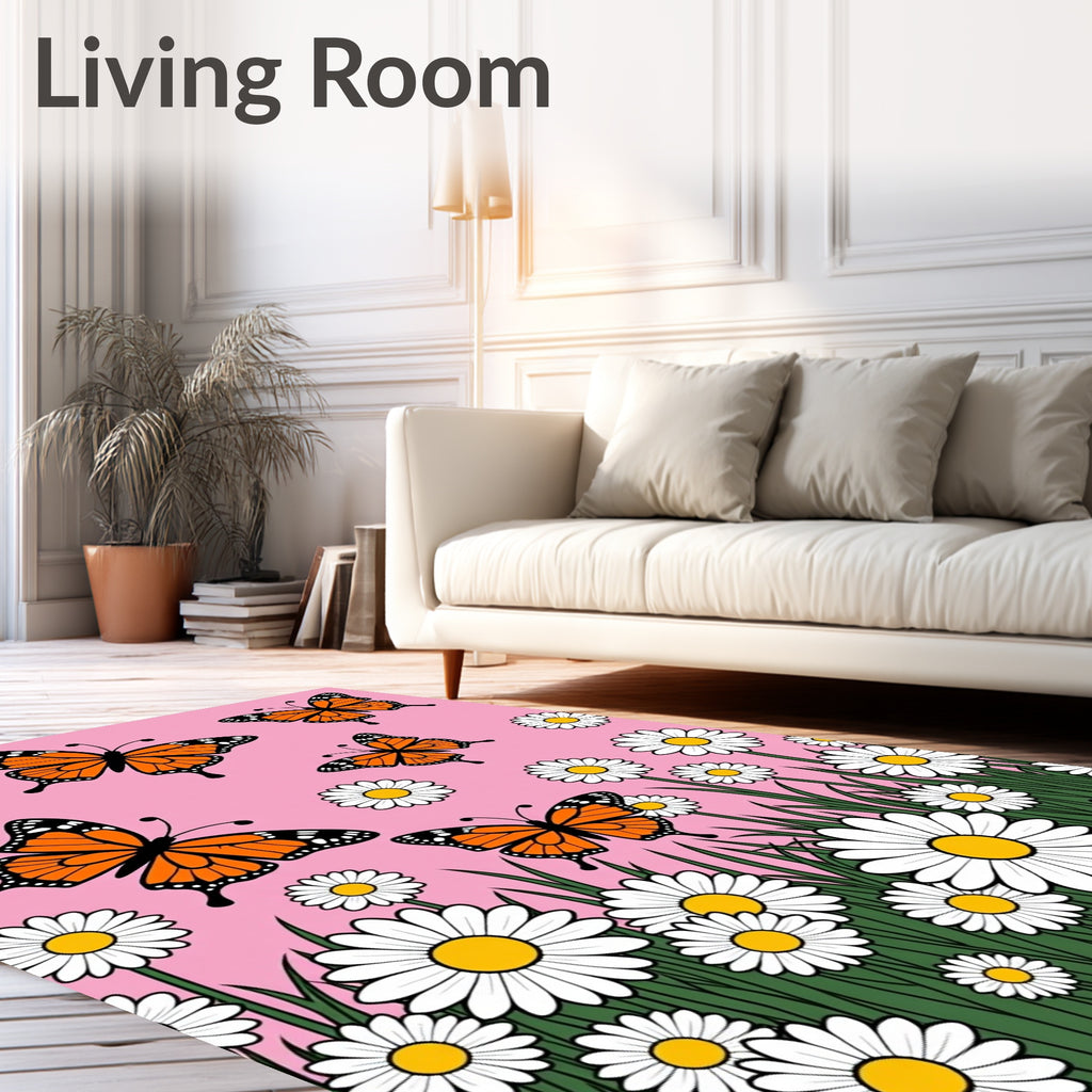 Whimsical orange butterfly daisy garden Rug