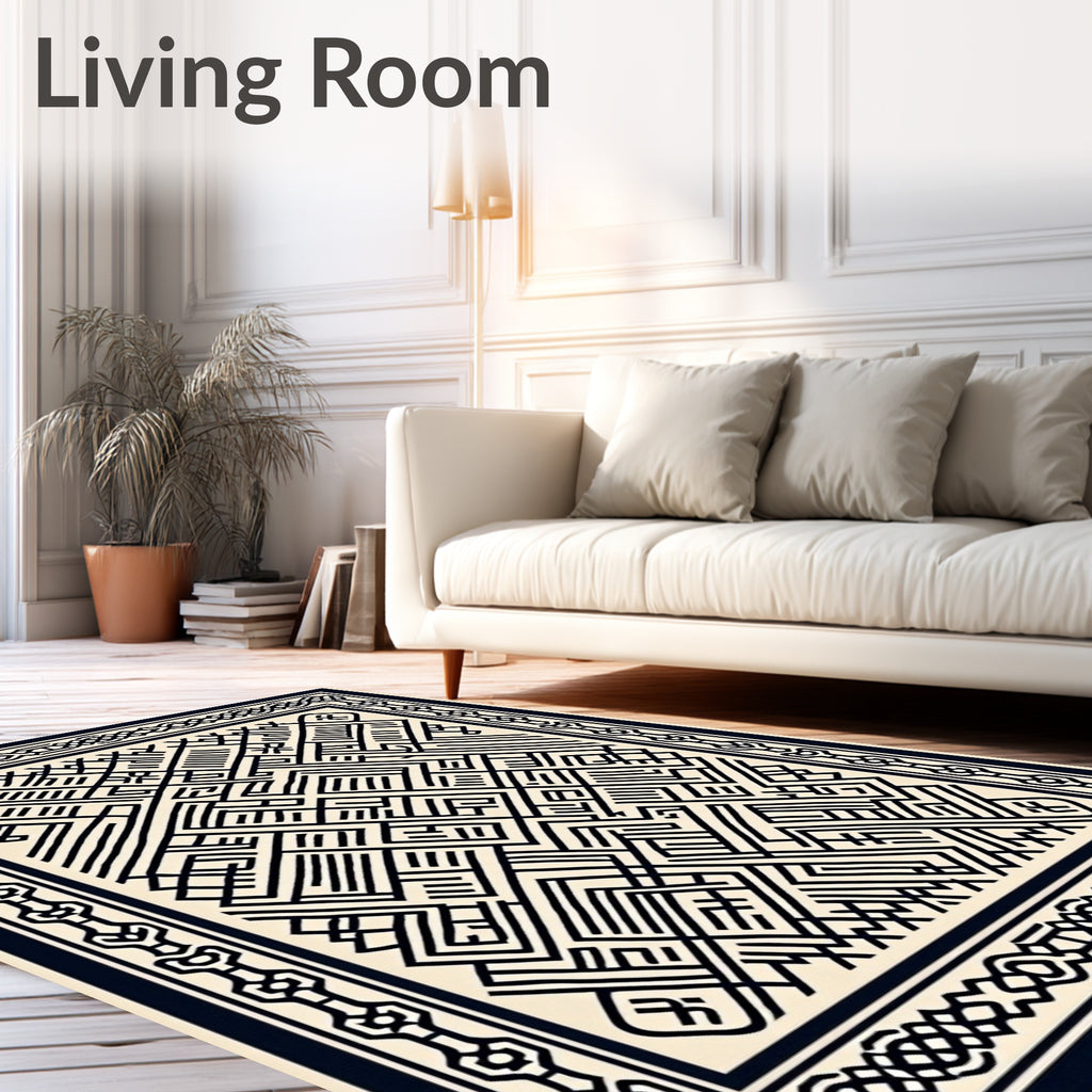 Black Geometric Maze Border Rug