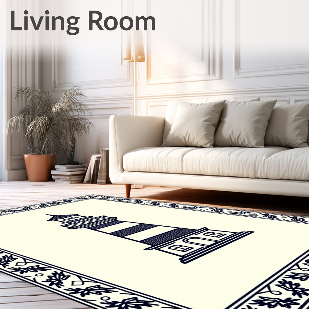 Coastal Lighthouse With Navy Border Rug
