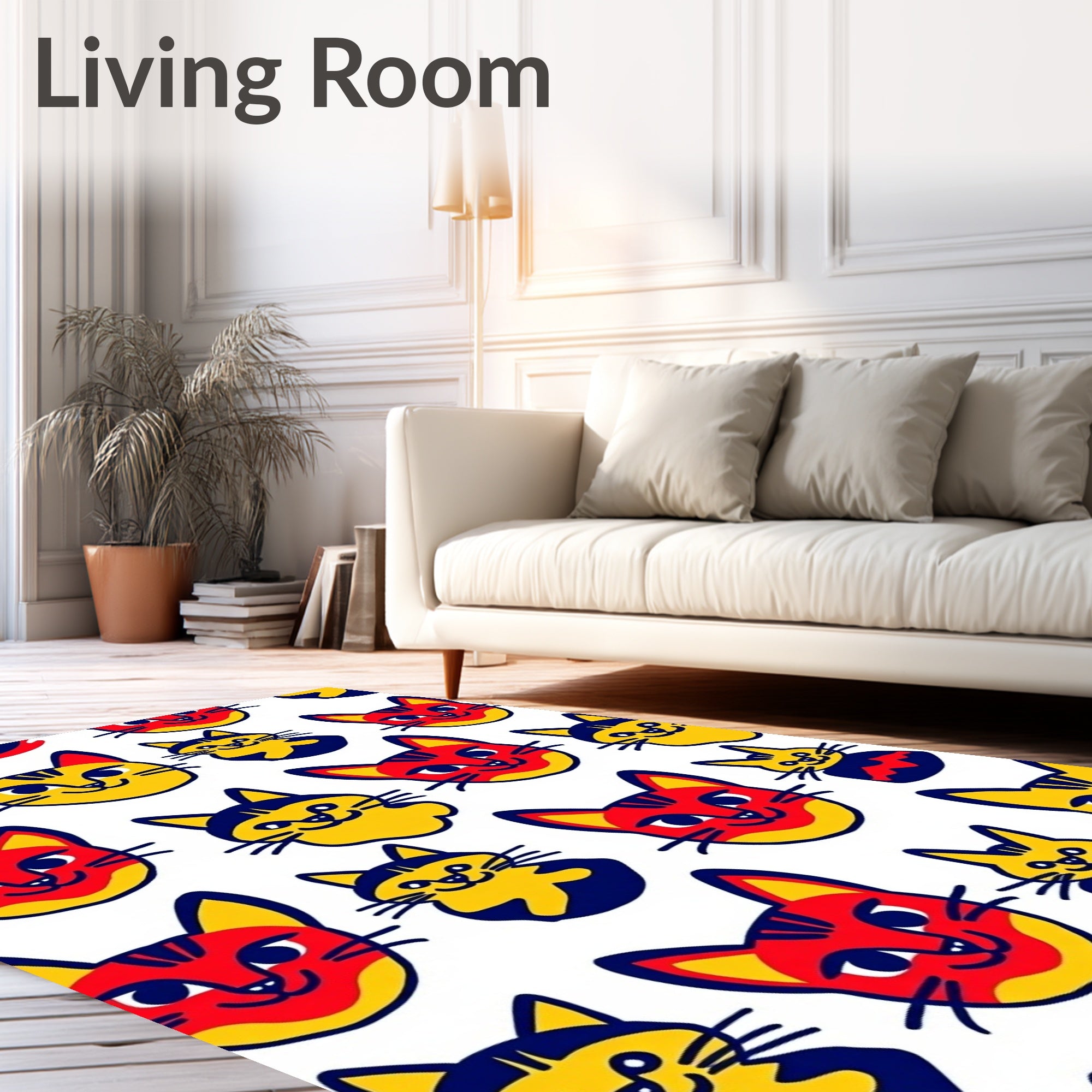 Playful Red Yellow Cat Faces Collage Rug