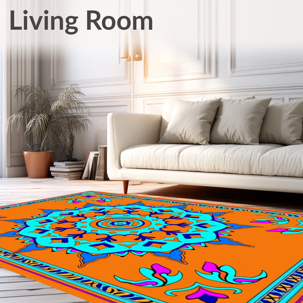 Vibrant Orange Teal Floral Mandala Rug