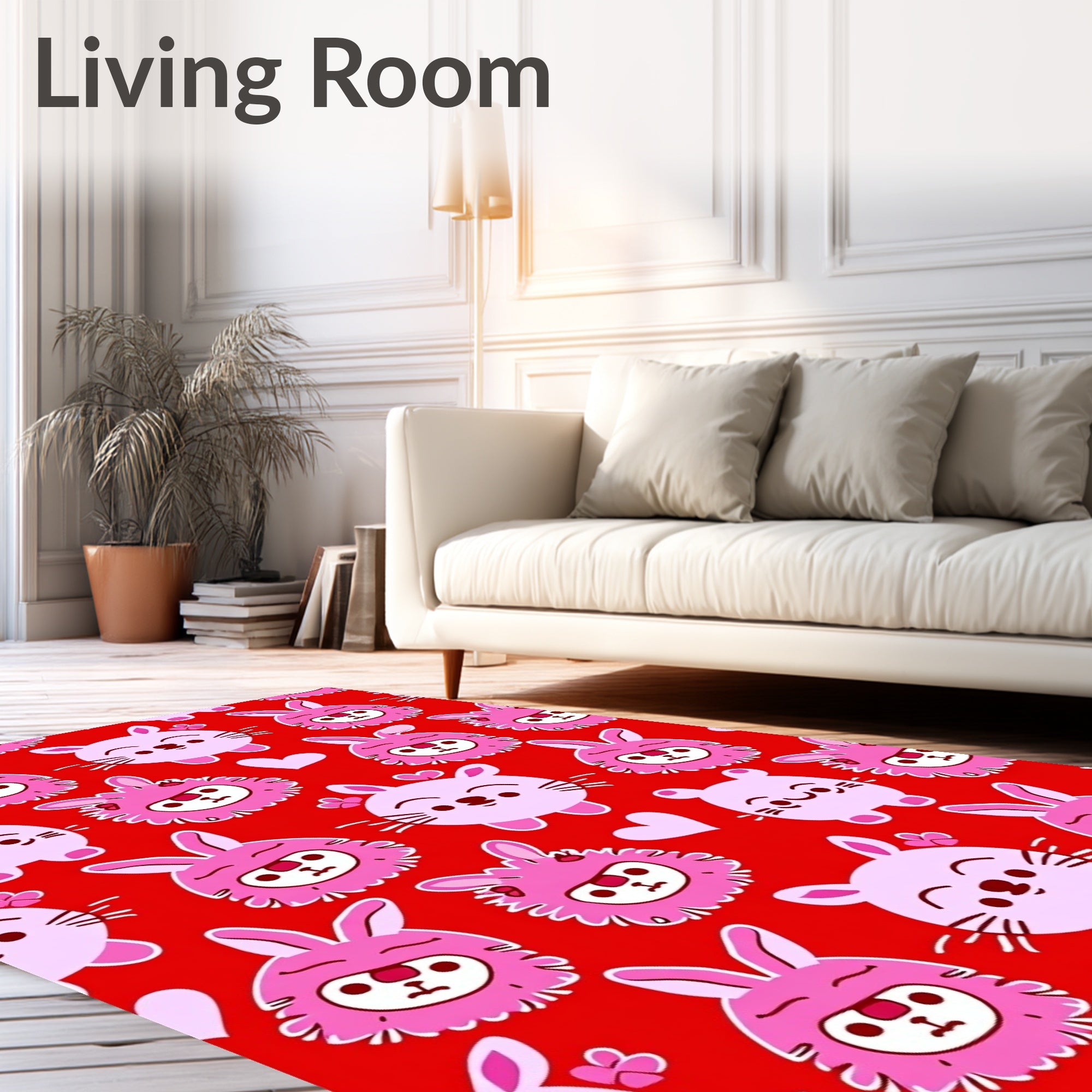 Cute Pink Bunny Hearts Red Seamless Rug