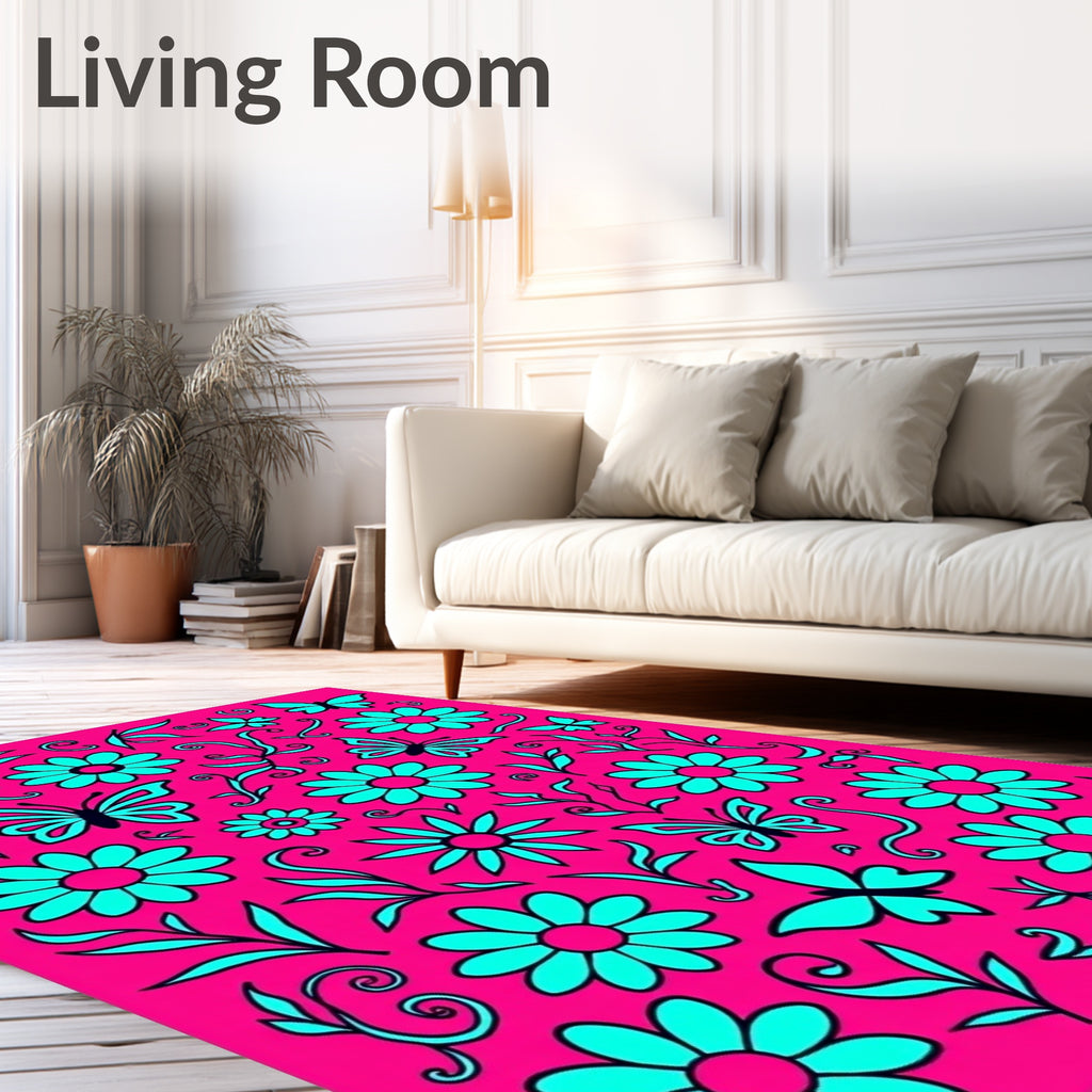 Bright Pink Daisy Butterfly Collage Rug
