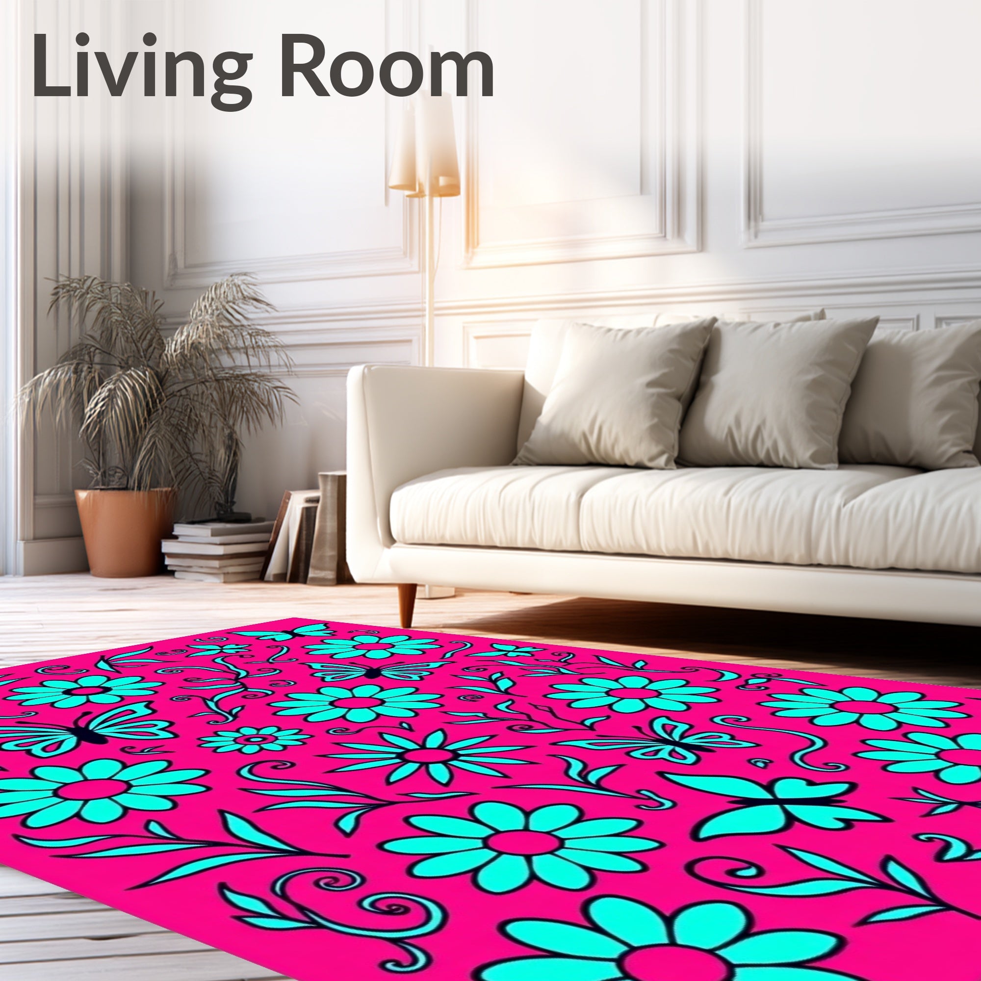 Bright Pink Daisy Butterfly Collage Rug