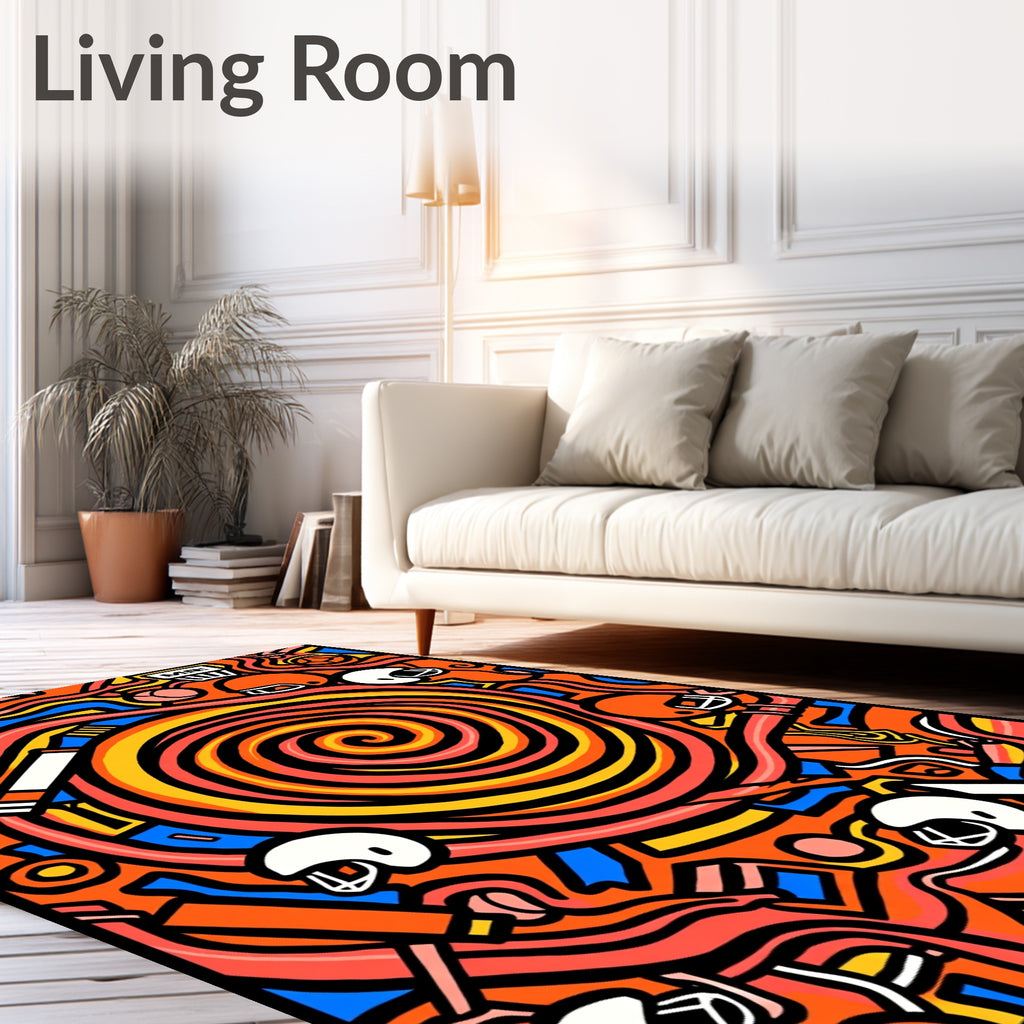 Orange Retro Football Helmet Swirl Rug