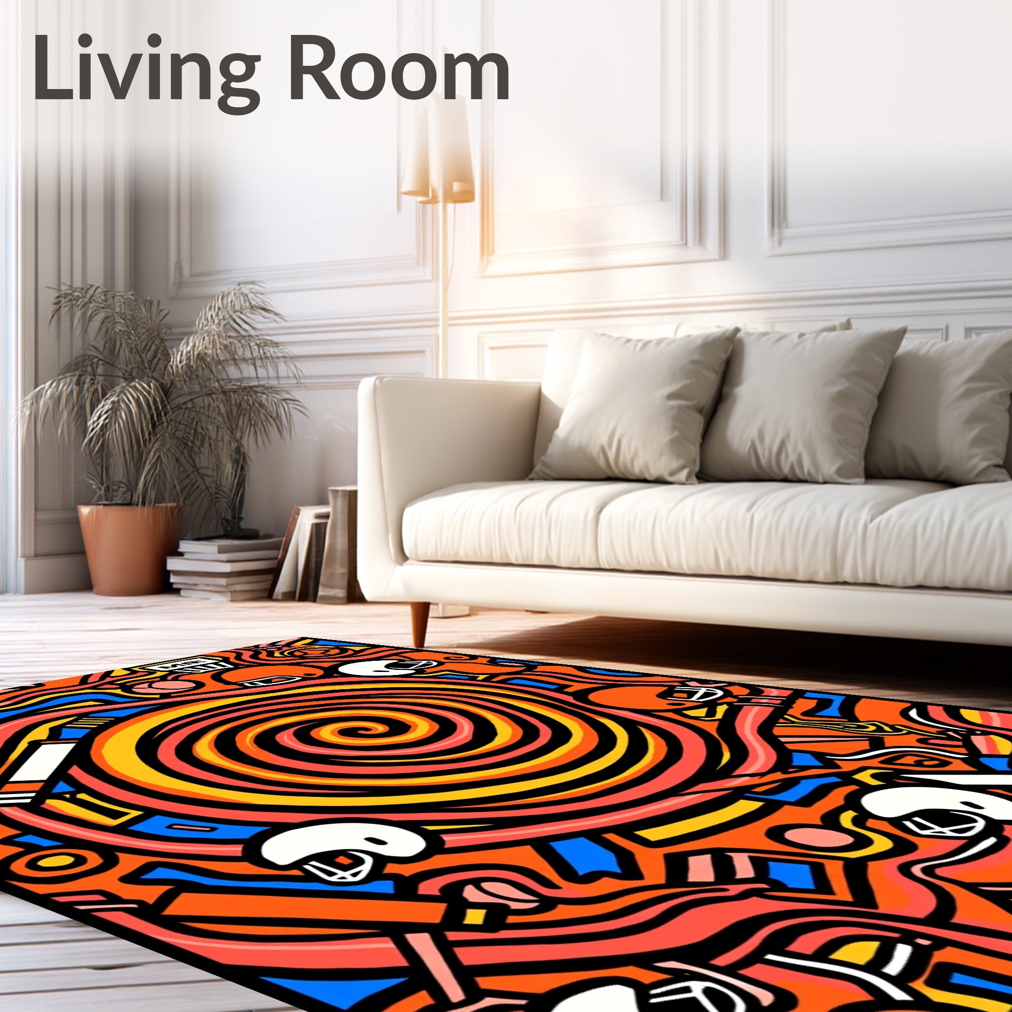 Orange Retro Football Helmet Swirl Rug
