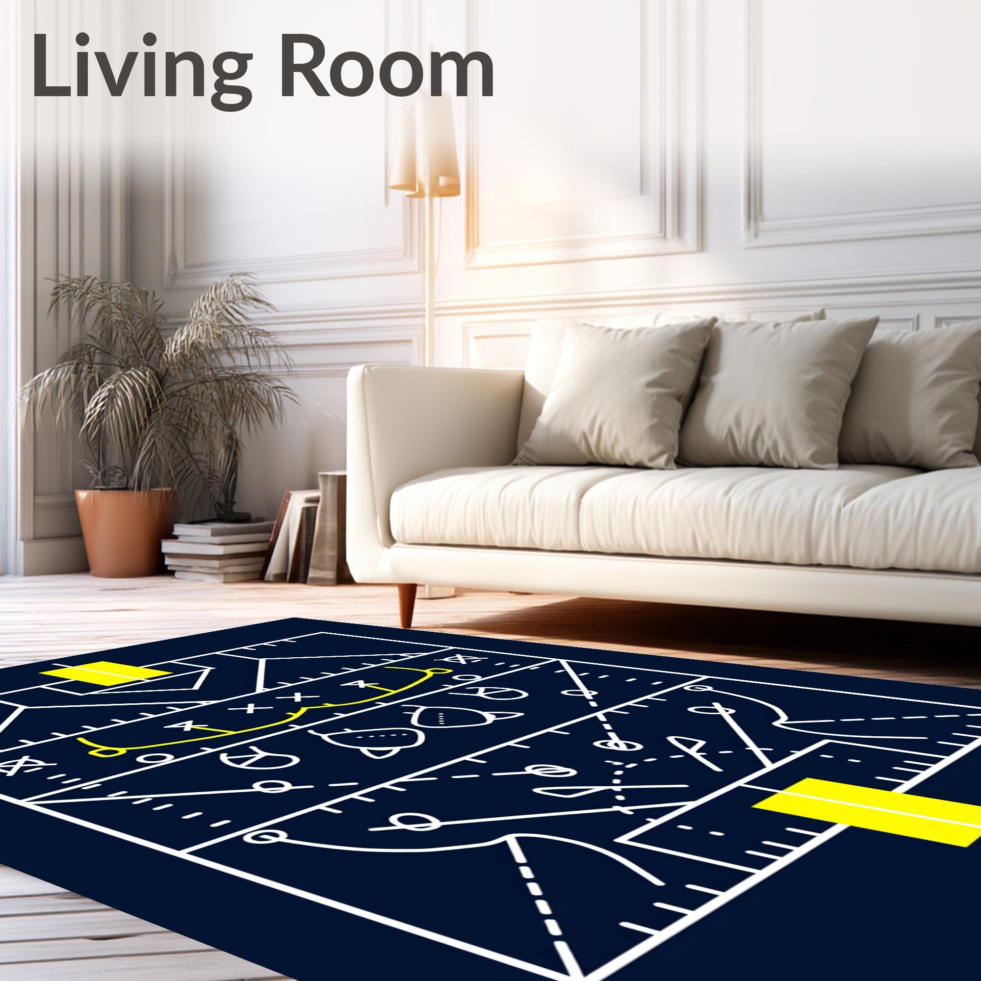 Navy Blue White Yellow Football Tactics Rug