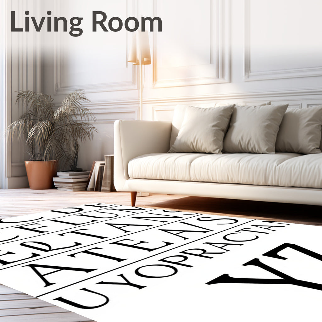 Elegant Serif Alphabet Black White Rug