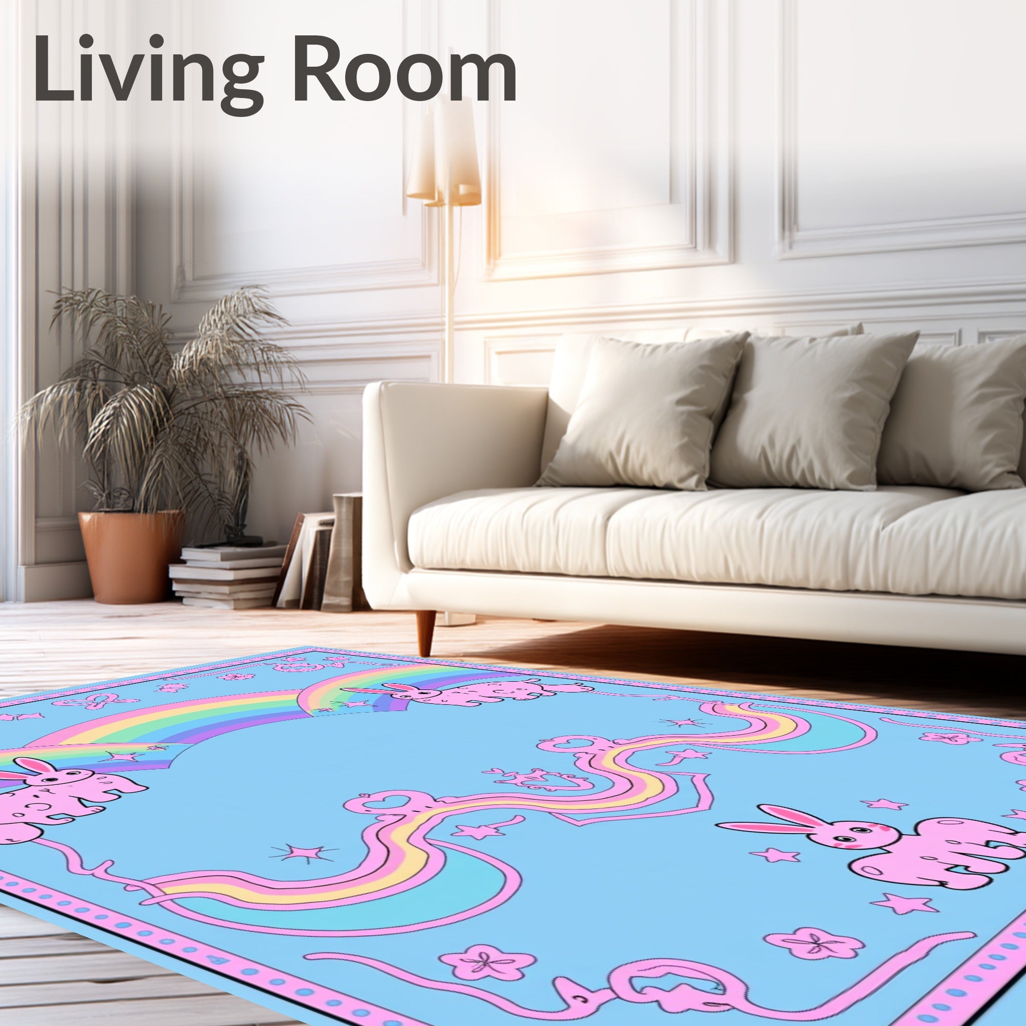 Whimsical Pink Bunny Rainbow Dream Rug