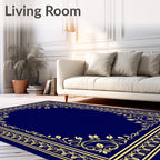 Regal Gold Bordered Navy Floral Frame Rug