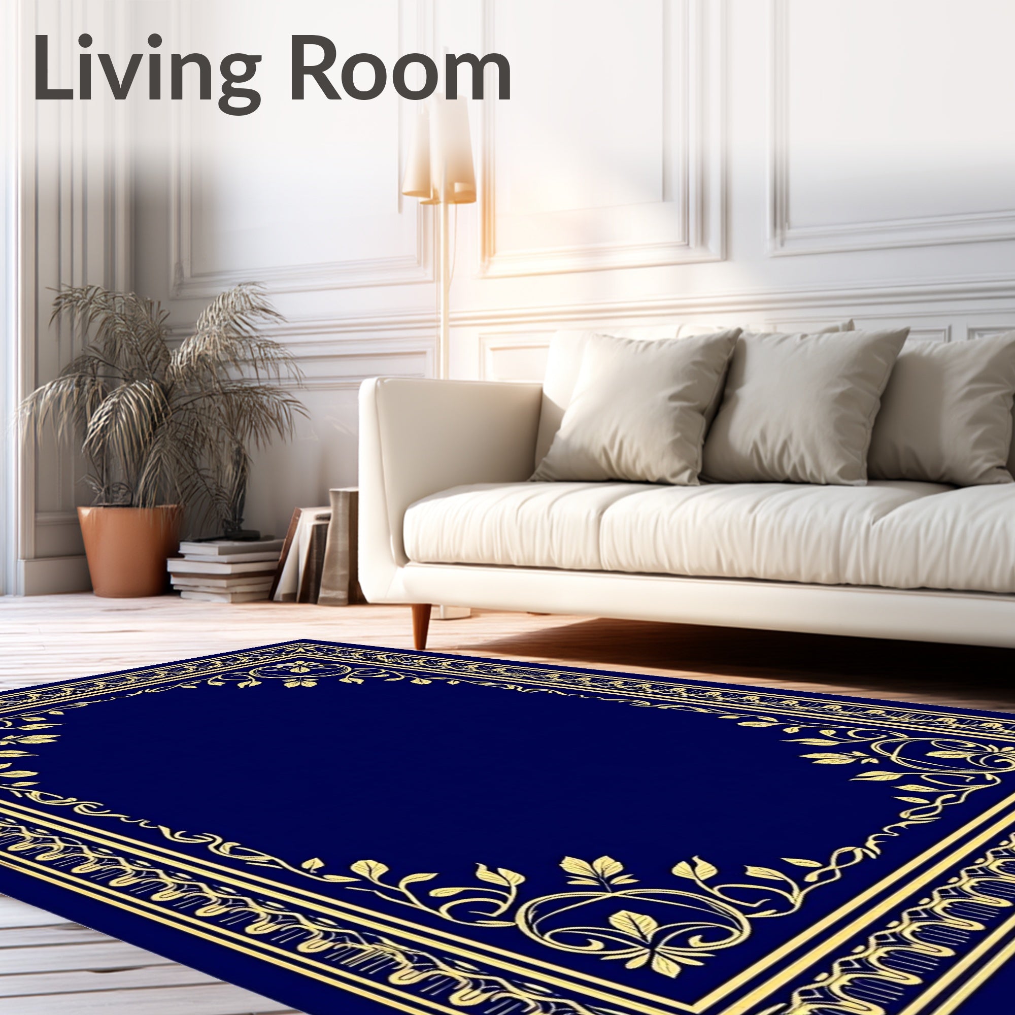 Regal Gold Bordered Navy Floral Frame Rug