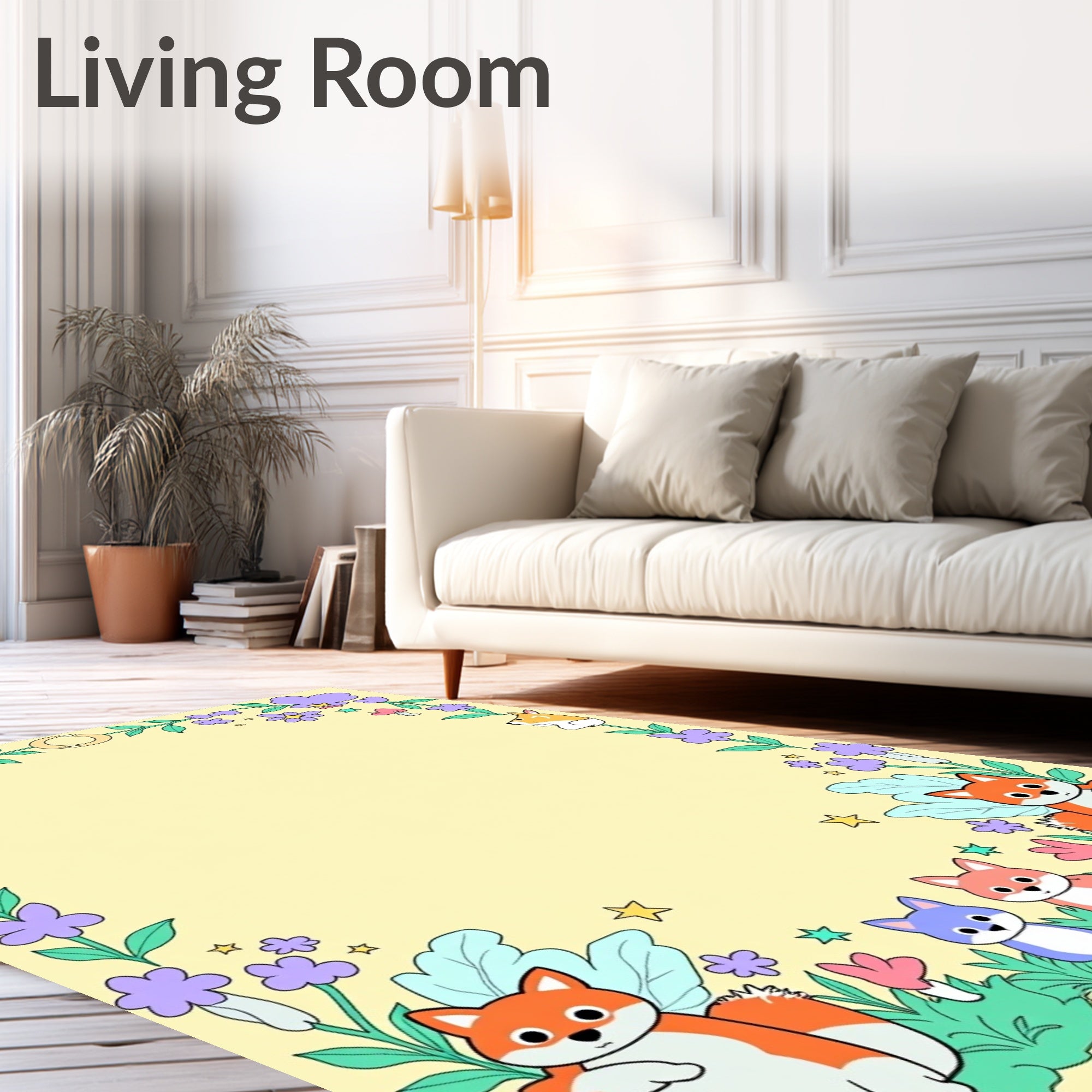 Whimsical Fox Floral Garden Frame Rug