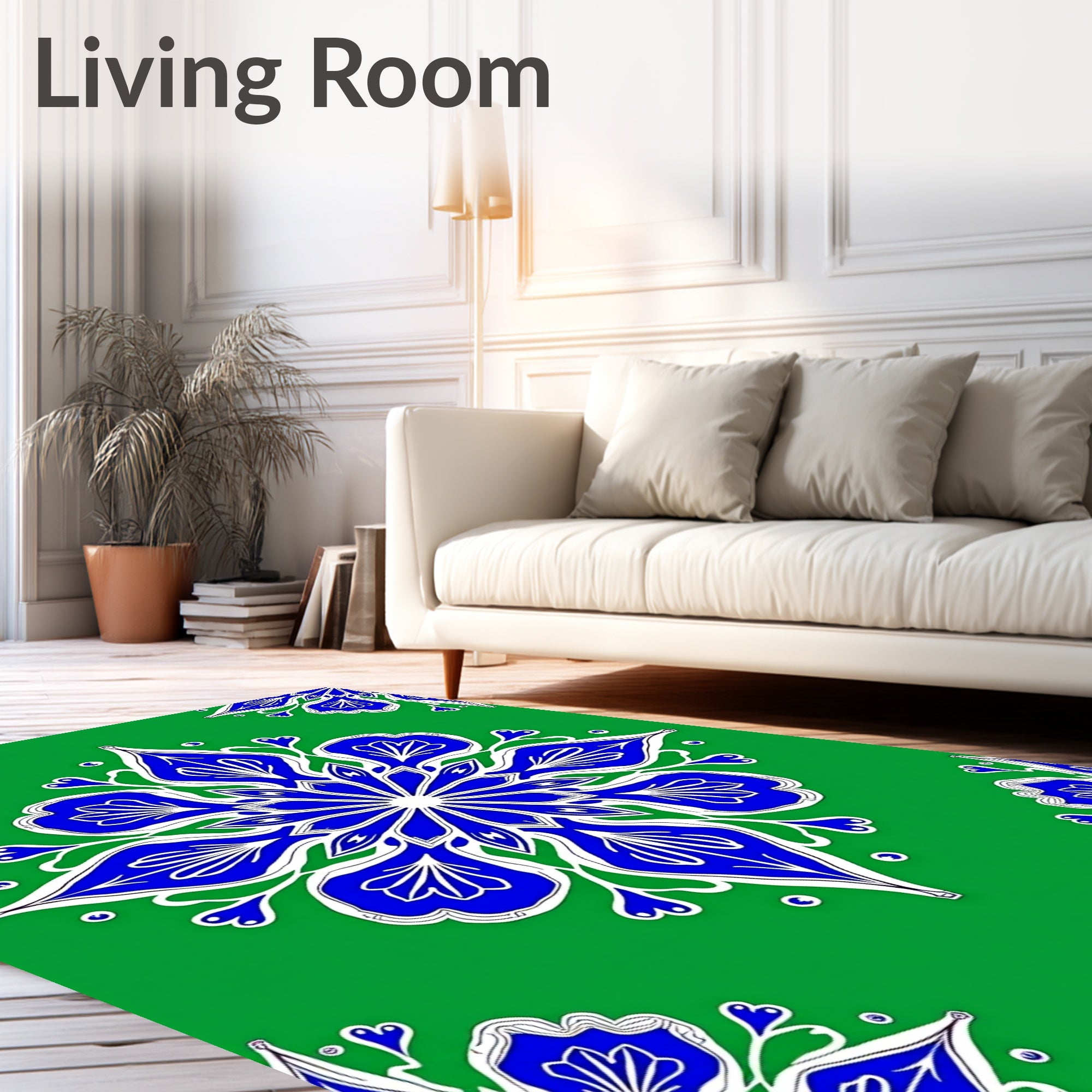 Vibrant Blue Floral Medallion Green Rug