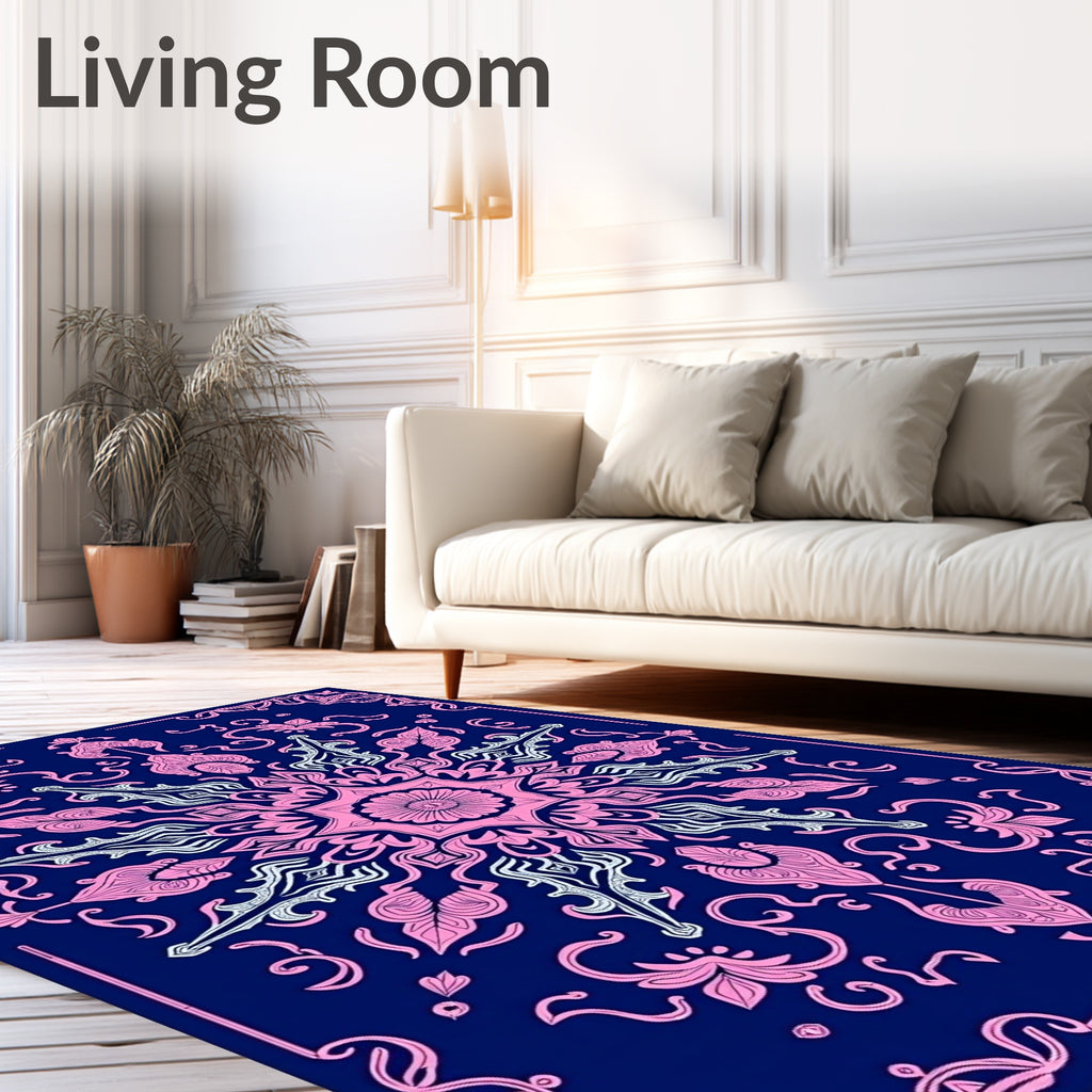 Pink Floral Mandala Navy Blue Rug