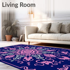 Pink Floral Mandala Navy Blue Rug