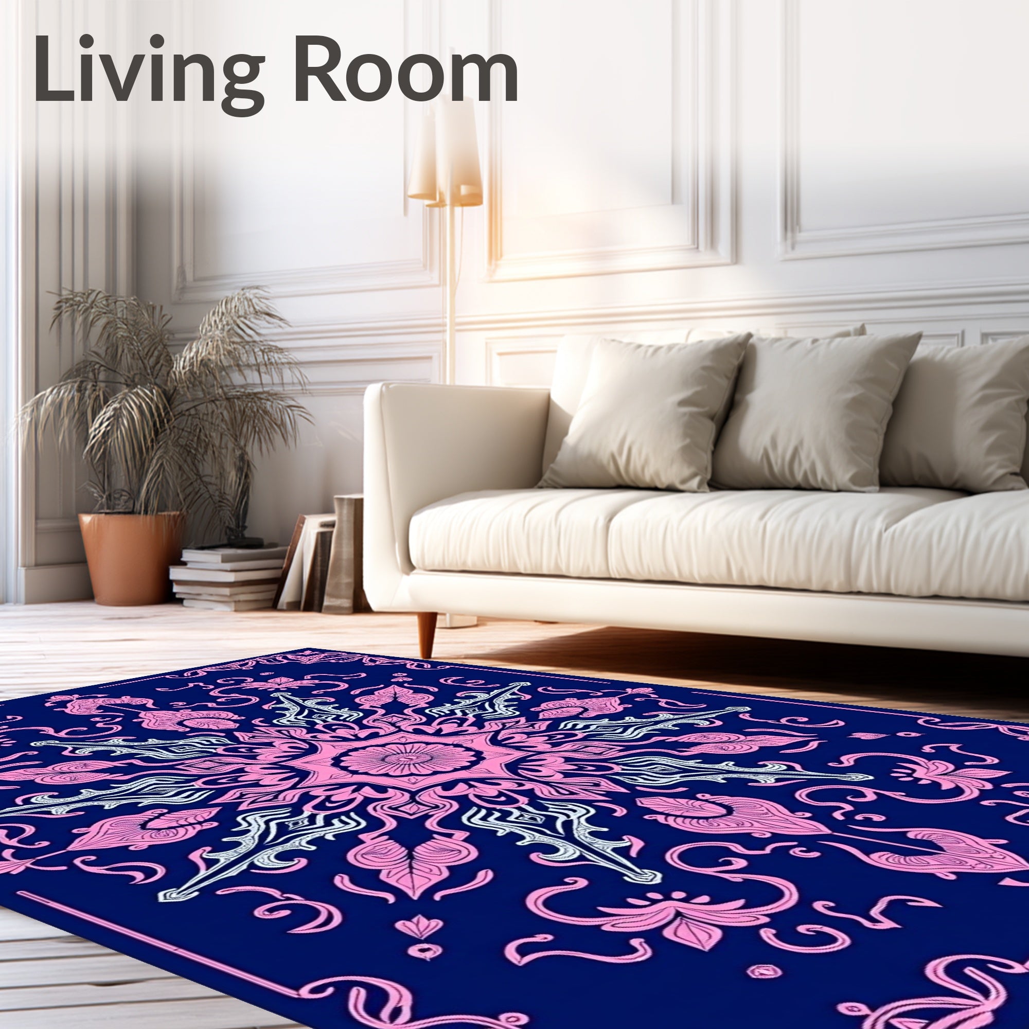 Pink Floral Mandala Navy Blue Rug