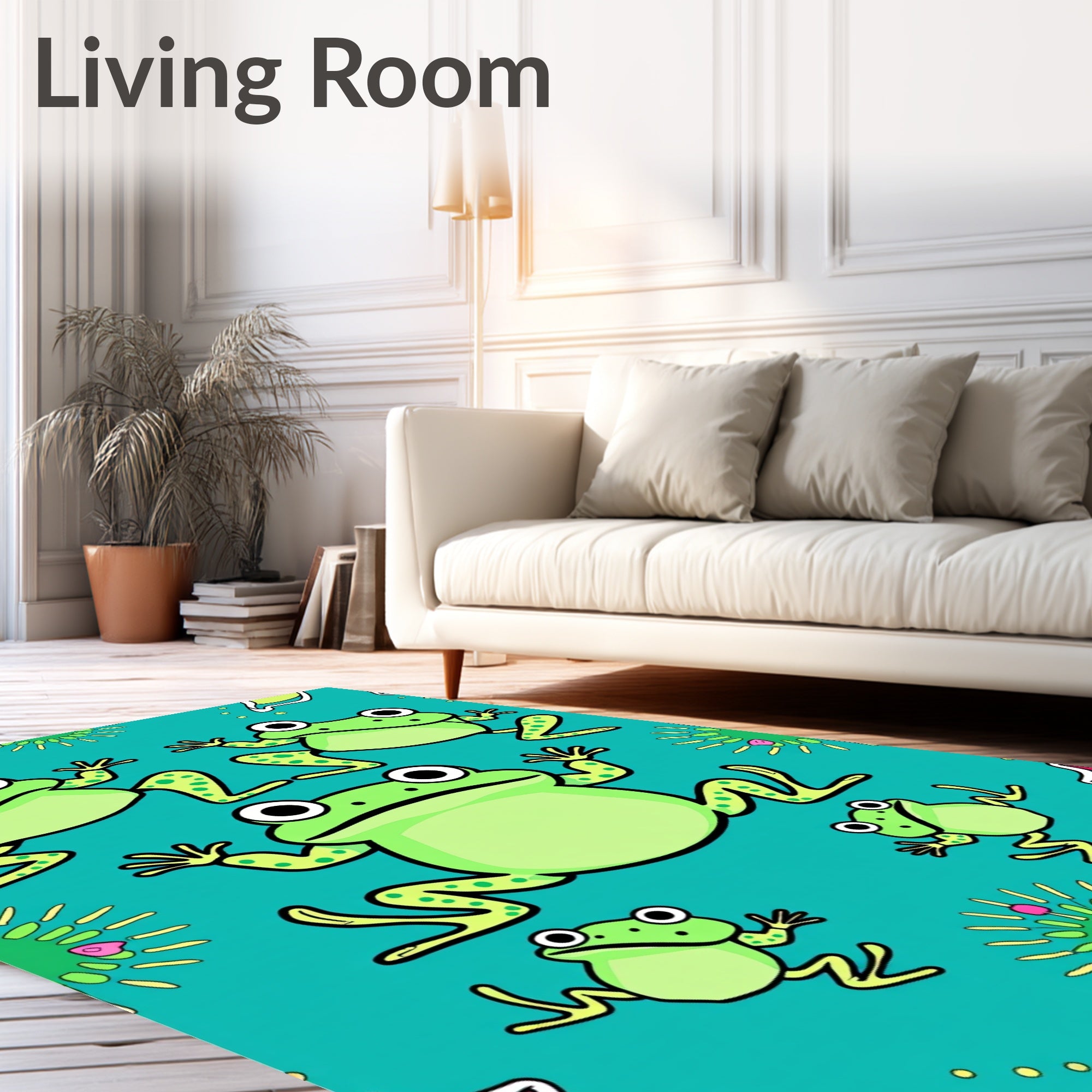 Whimsical Green Frogs Aquatic Scene Rug