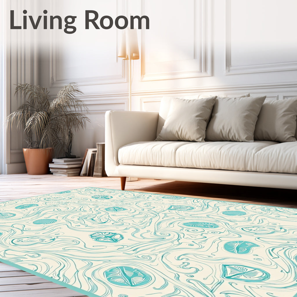Teal Swirl Botanical Leaf Overlay Rug