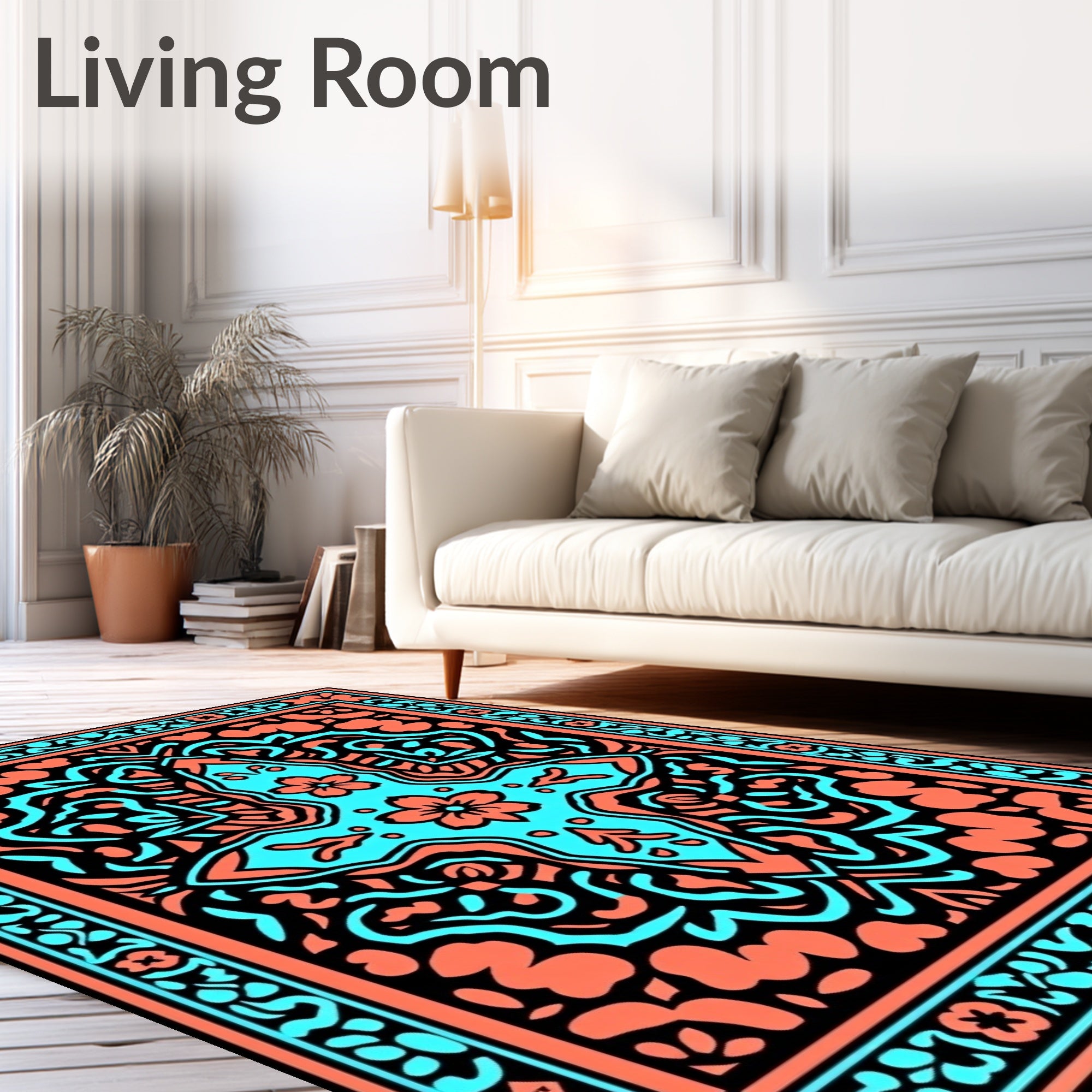 Coral Teal Floral Symmetry Rug