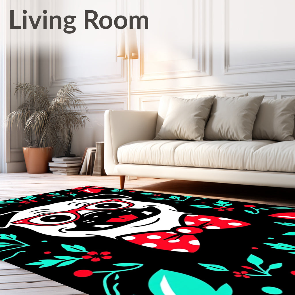 Whimsical Pug With Red Glasses Bowtie Rug