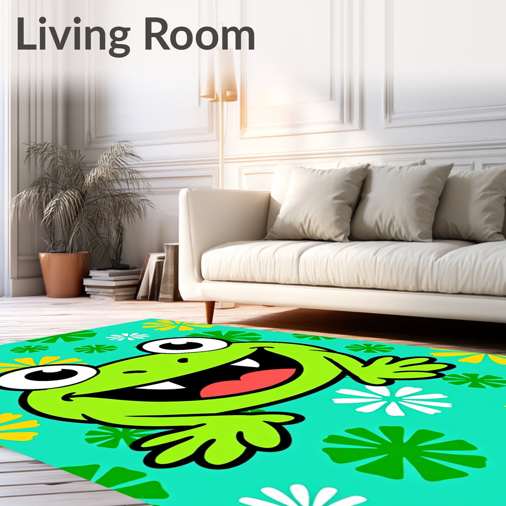 Whimsical Frog Flowers Teal Rug