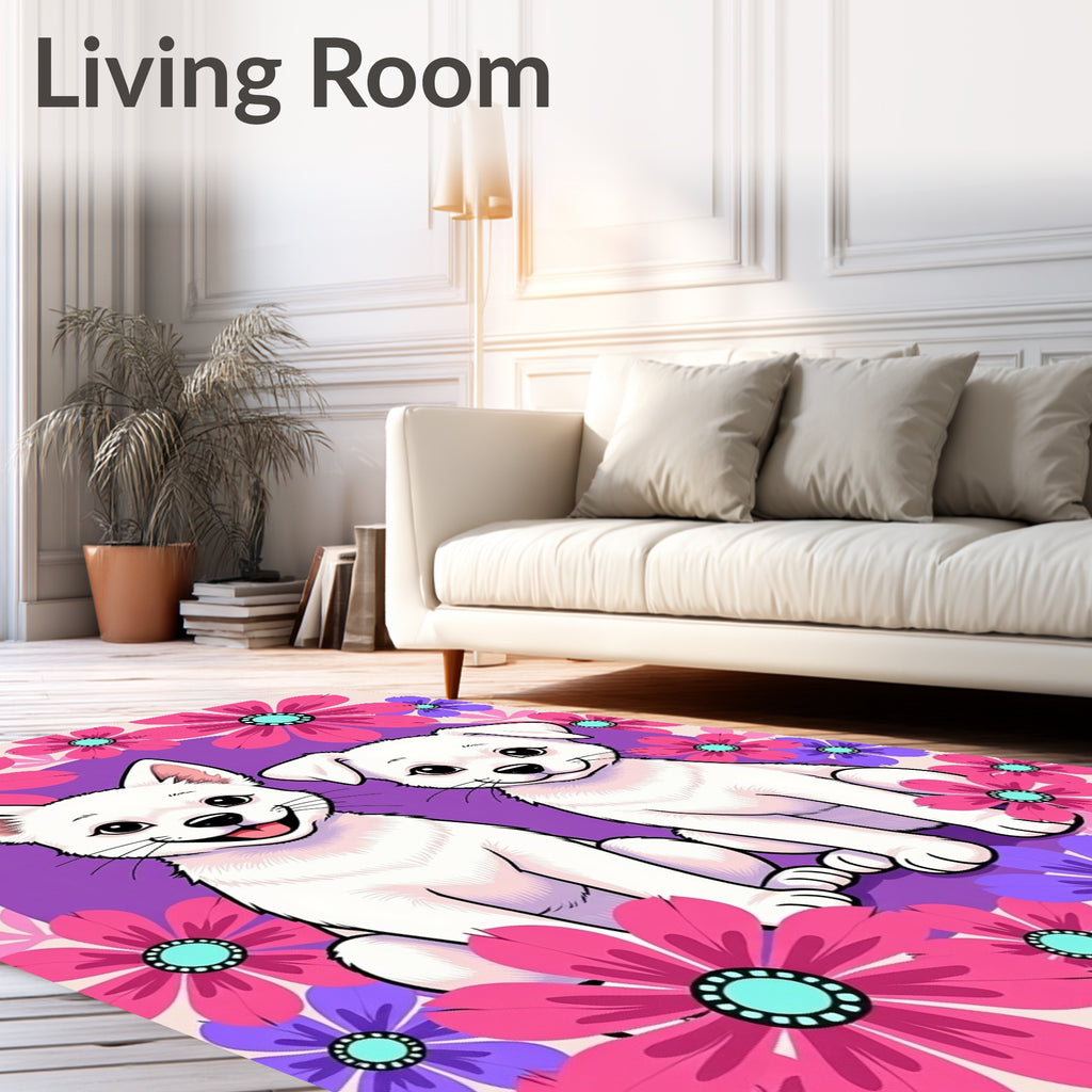 Two White Puppy Floral Garden Rug