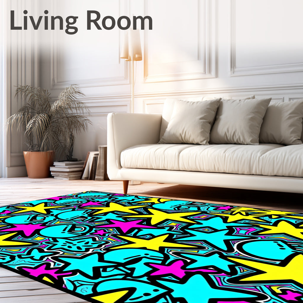 Bright Yellow Star Aqua Helmet Cluster Rug