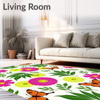Vibrant Pink Flowers Orange Butterflies Foliage Rug