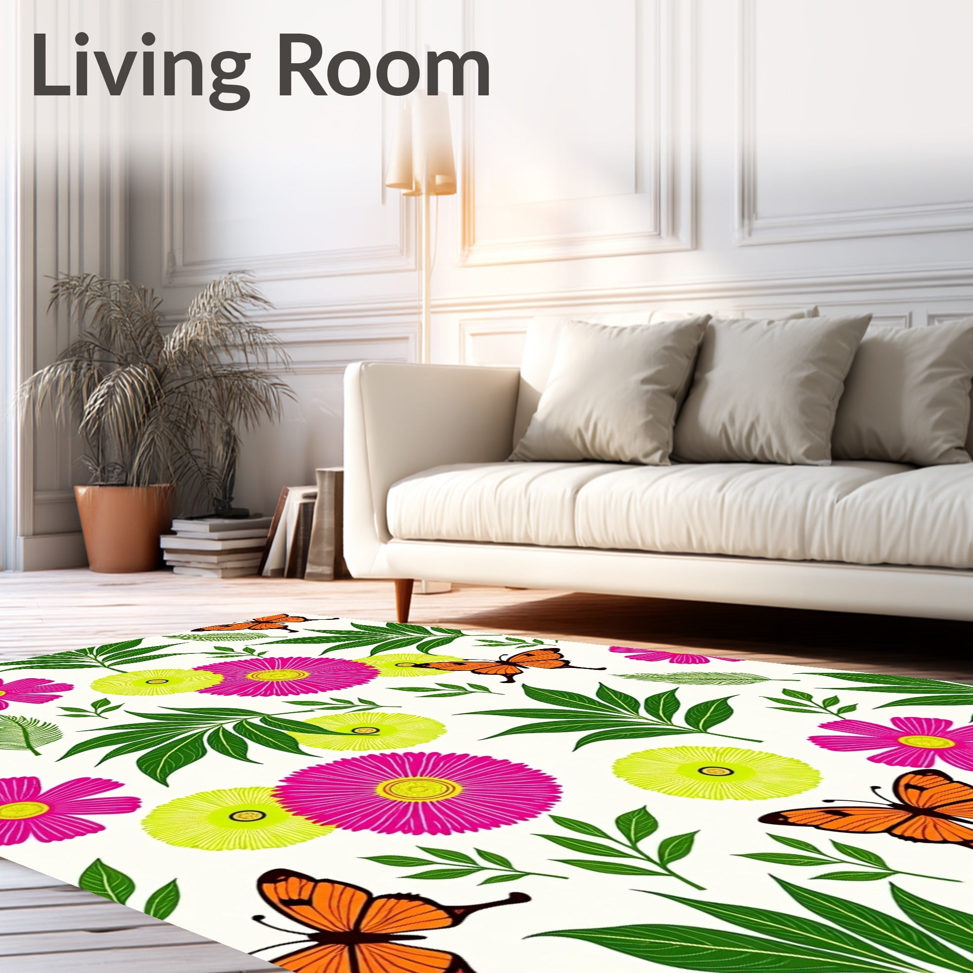 Vibrant Pink Flowers Orange Butterflies Foliage Rug
