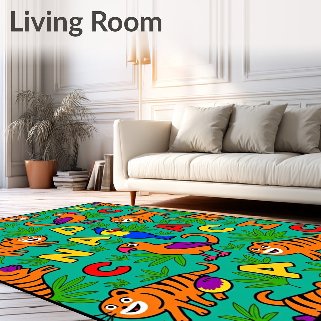 Playful Tigers Parrots Alphabet Jungle Rug