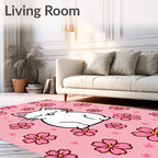 Cute White Cat Pink Cherry Blossoms Rug