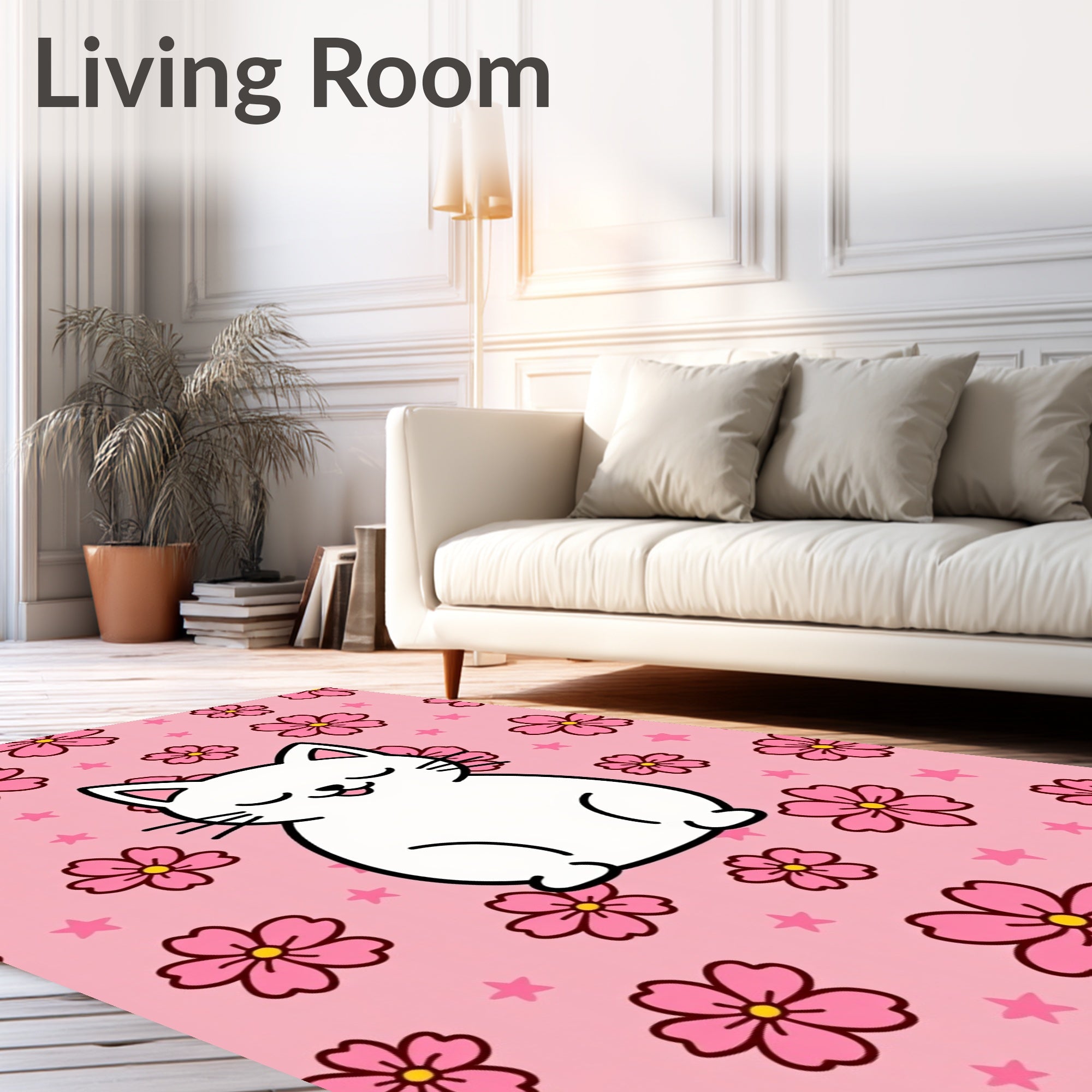 Cute White Cat Pink Cherry Blossoms Rug