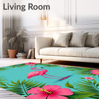 Pink Flamingo Tropical Hibiscus Greenery Rug