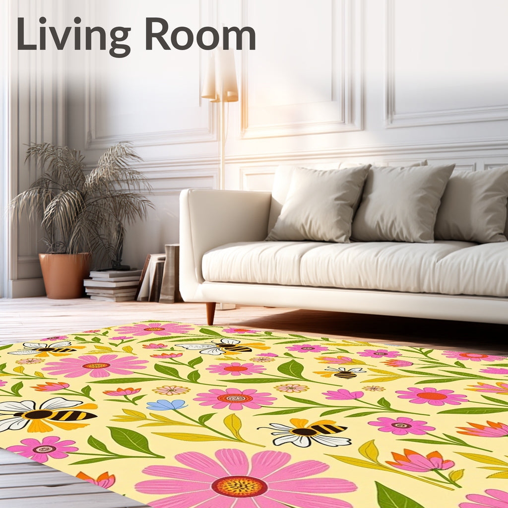 Whimsical Yellow Bumblebee Floral Rug
