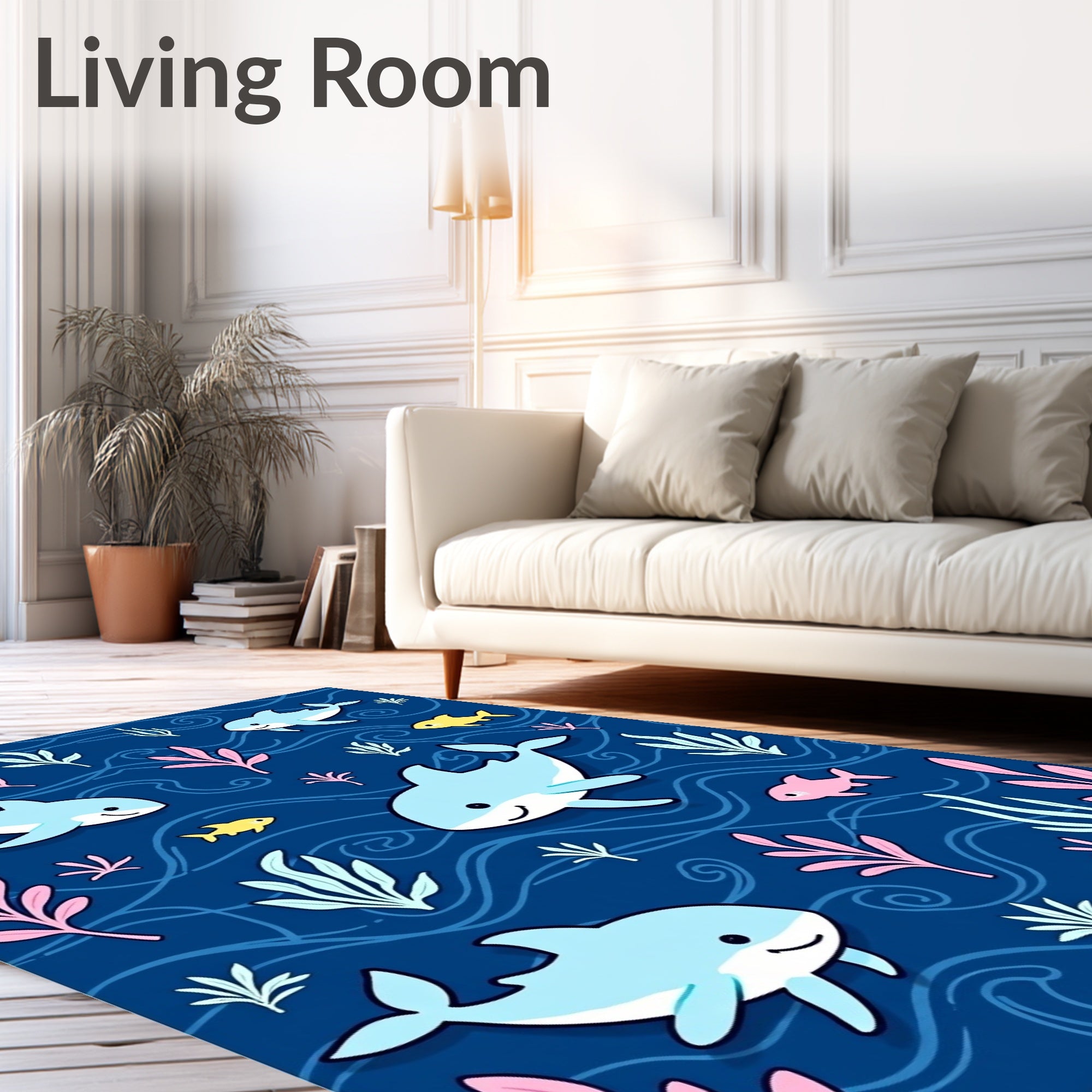 Charming Blue Ocean Dolphin Yellow Fish Rug