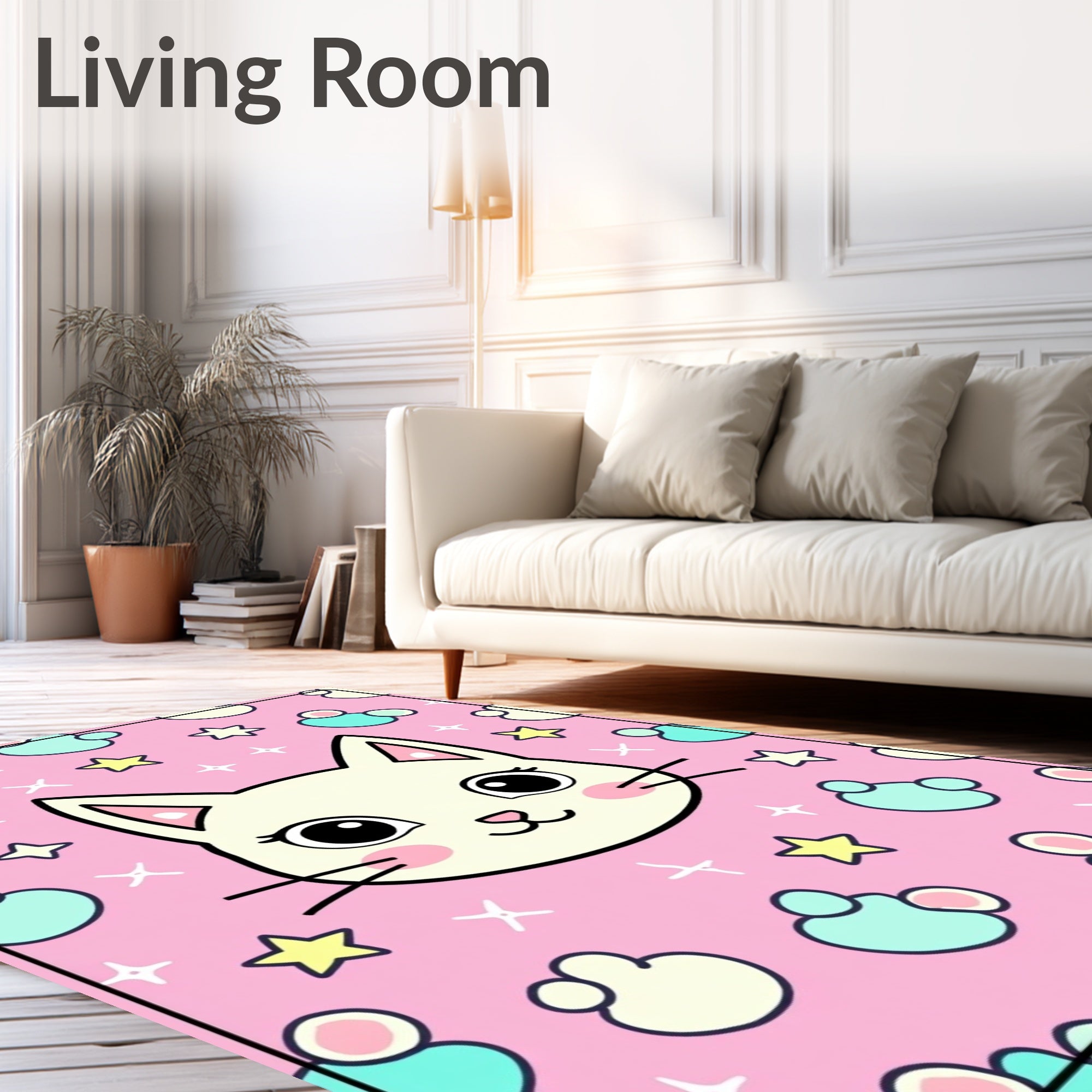 Cute Pink Cat Stars Magical Creatures Rug