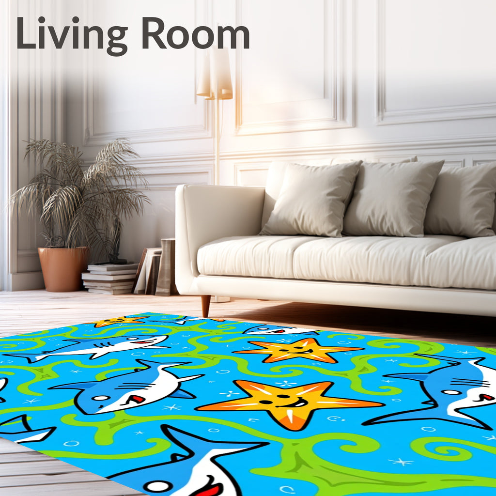 Cute Blue Sharks Yellow Starfish Green Swirls Rug