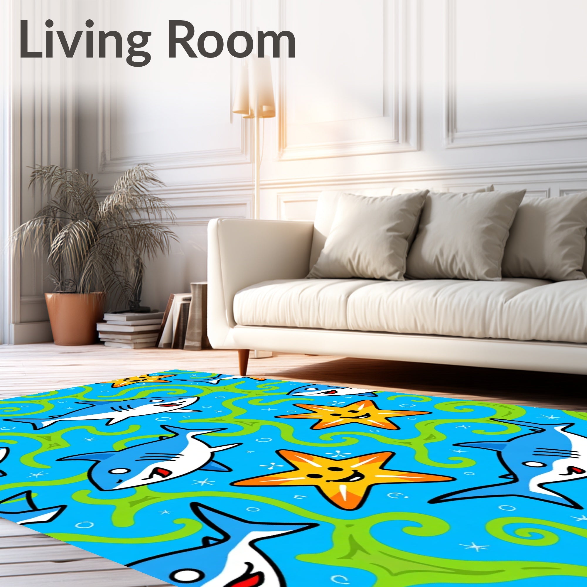Cute Blue Sharks Yellow Starfish Green Swirls Rug