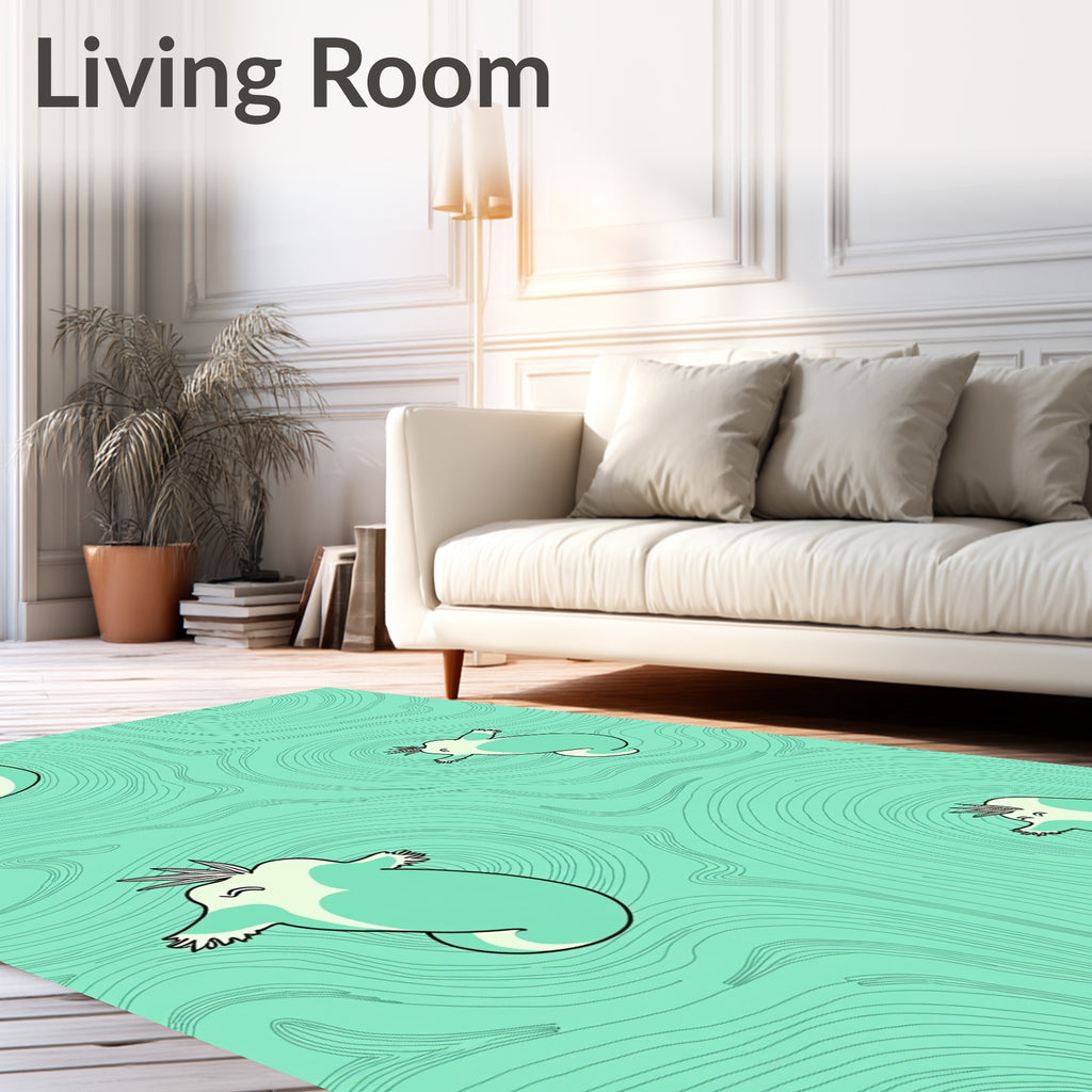 Teal Cartoon Creatures Flowing Waves Rug