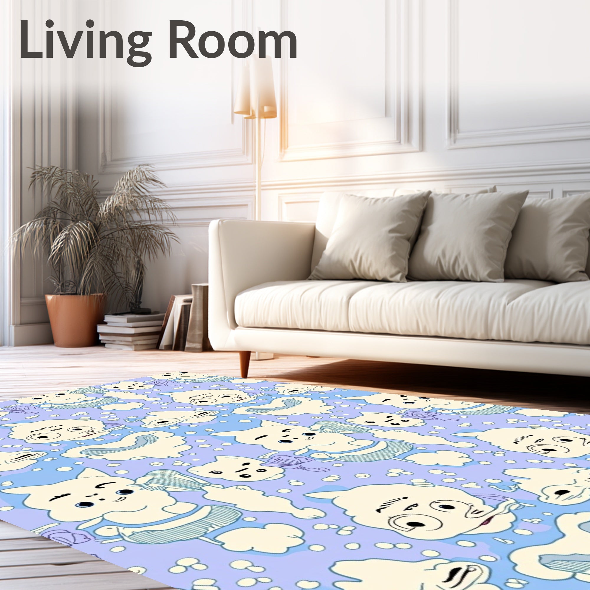 Whimsical Cream Cloud Characters Lavender Background Rug