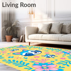 Playful Raccoon Floral Garden Yellow Rug