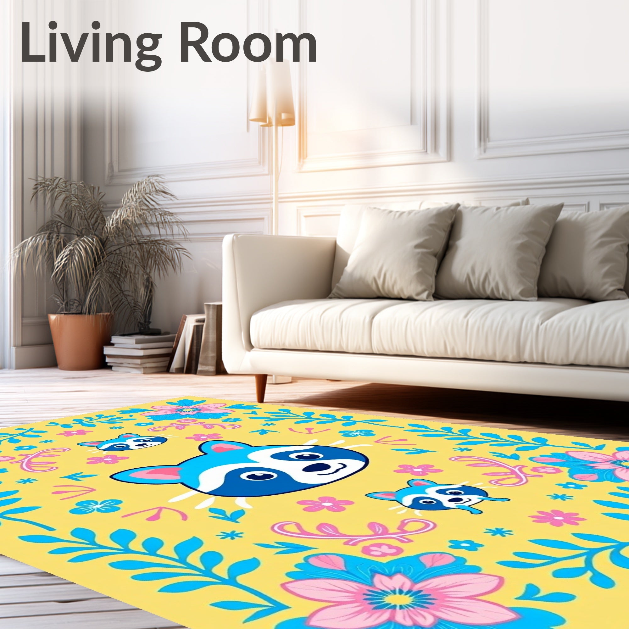 Playful Raccoon Floral Garden Yellow Rug