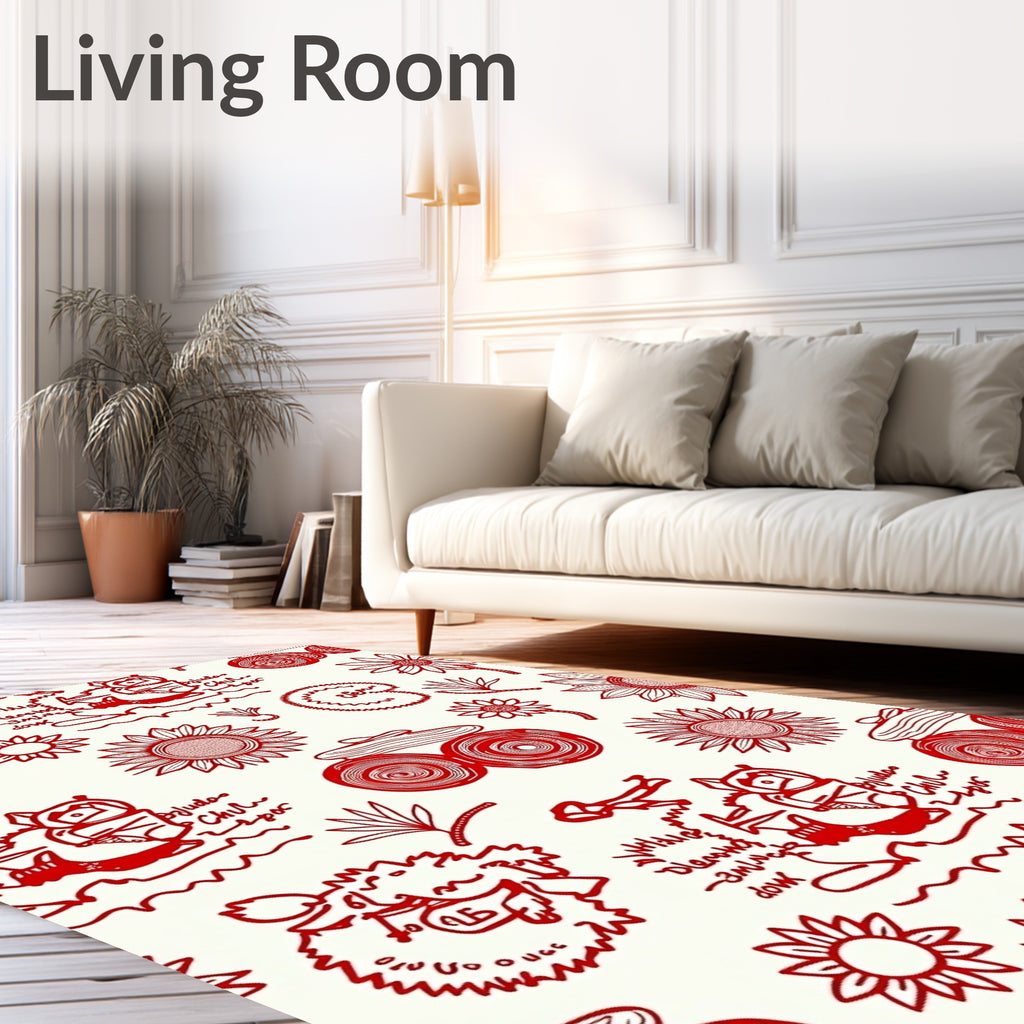 Red Whimsical Sketchy Animal Floral Rug