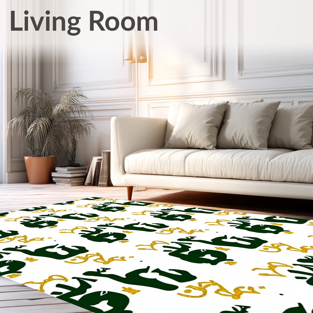 Bold Green Black Gold Calligraphy Rug