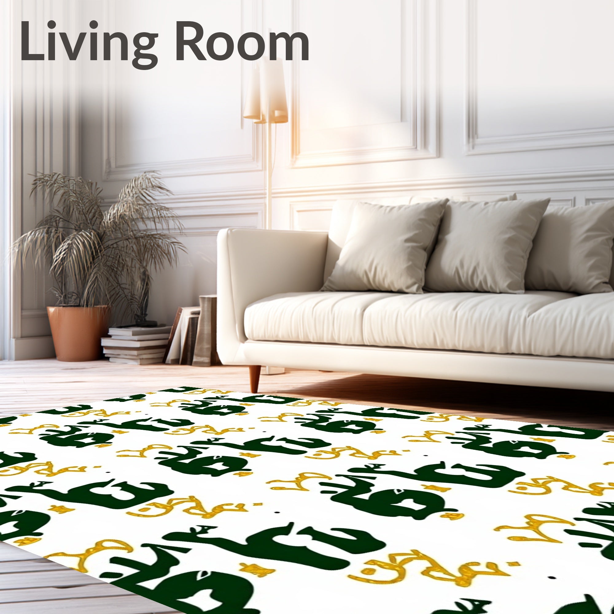Bold Green Black Gold Calligraphy Rug