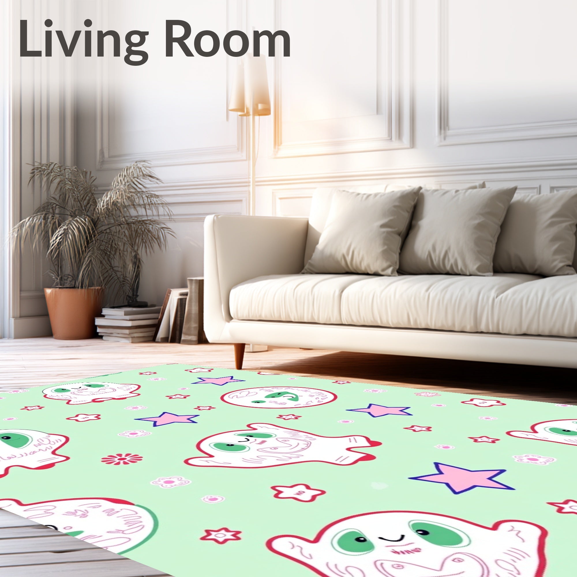 Playful Ghost Stars Floral Mint Rug