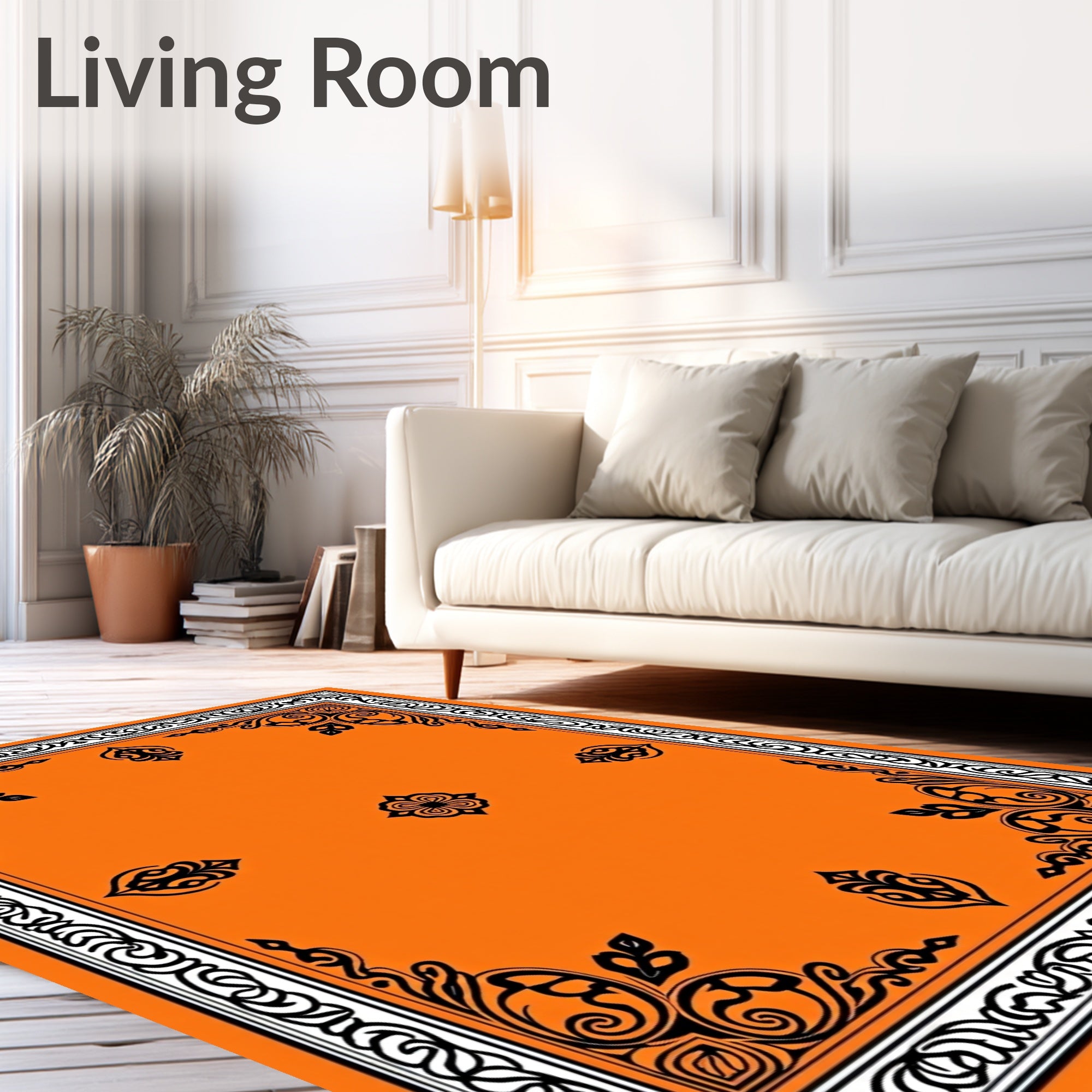 Vibrant Orange Black Scrollwork Border Rug